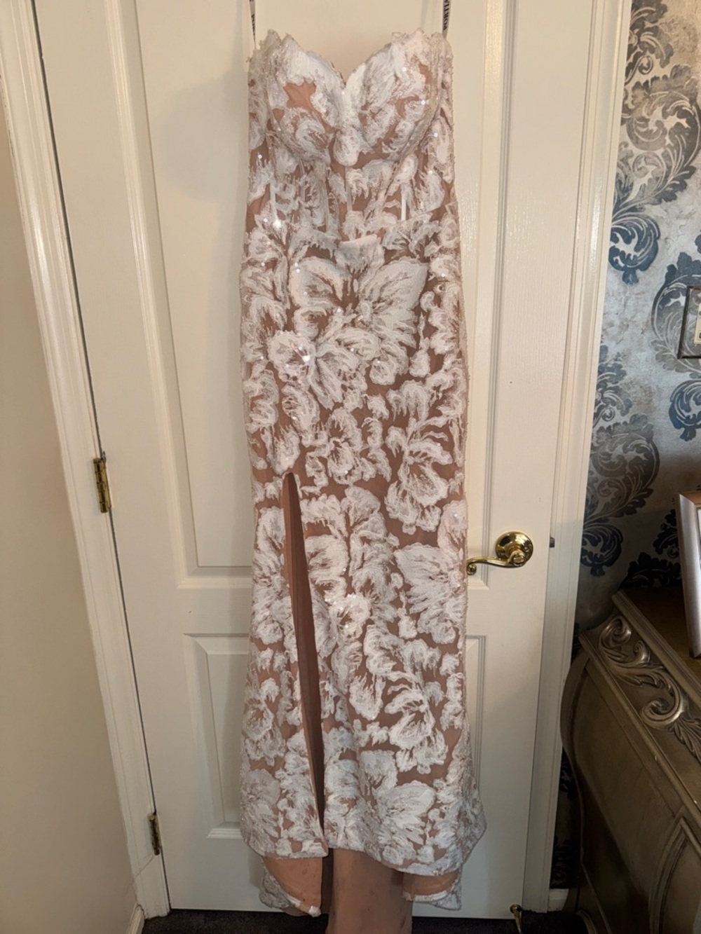 Strapless Floral Lace Appliqué Evening Gown - White on Nude